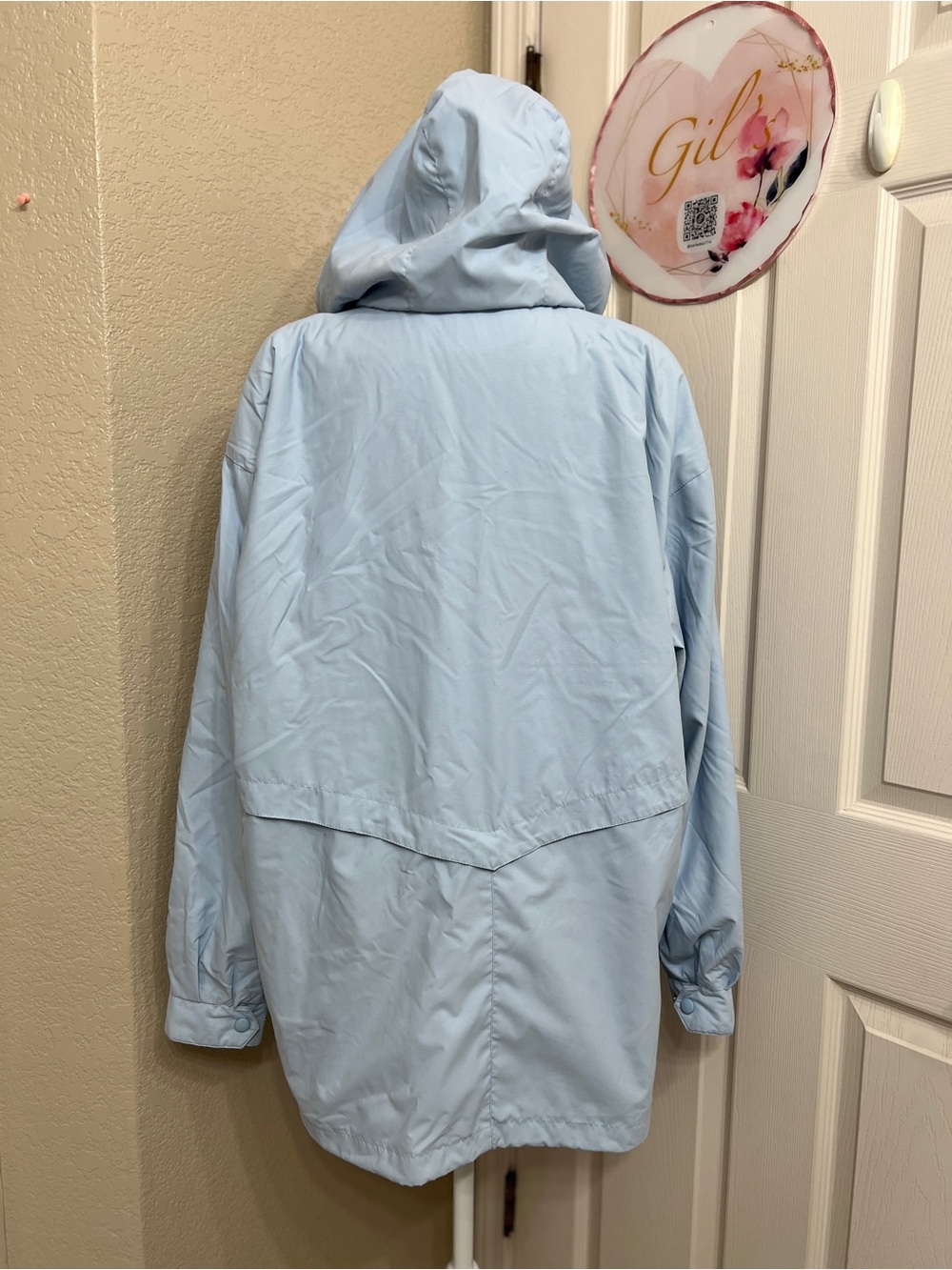 Women's Light Blue Hooded Trench Coat with Drawstring - Picture 3 of 8